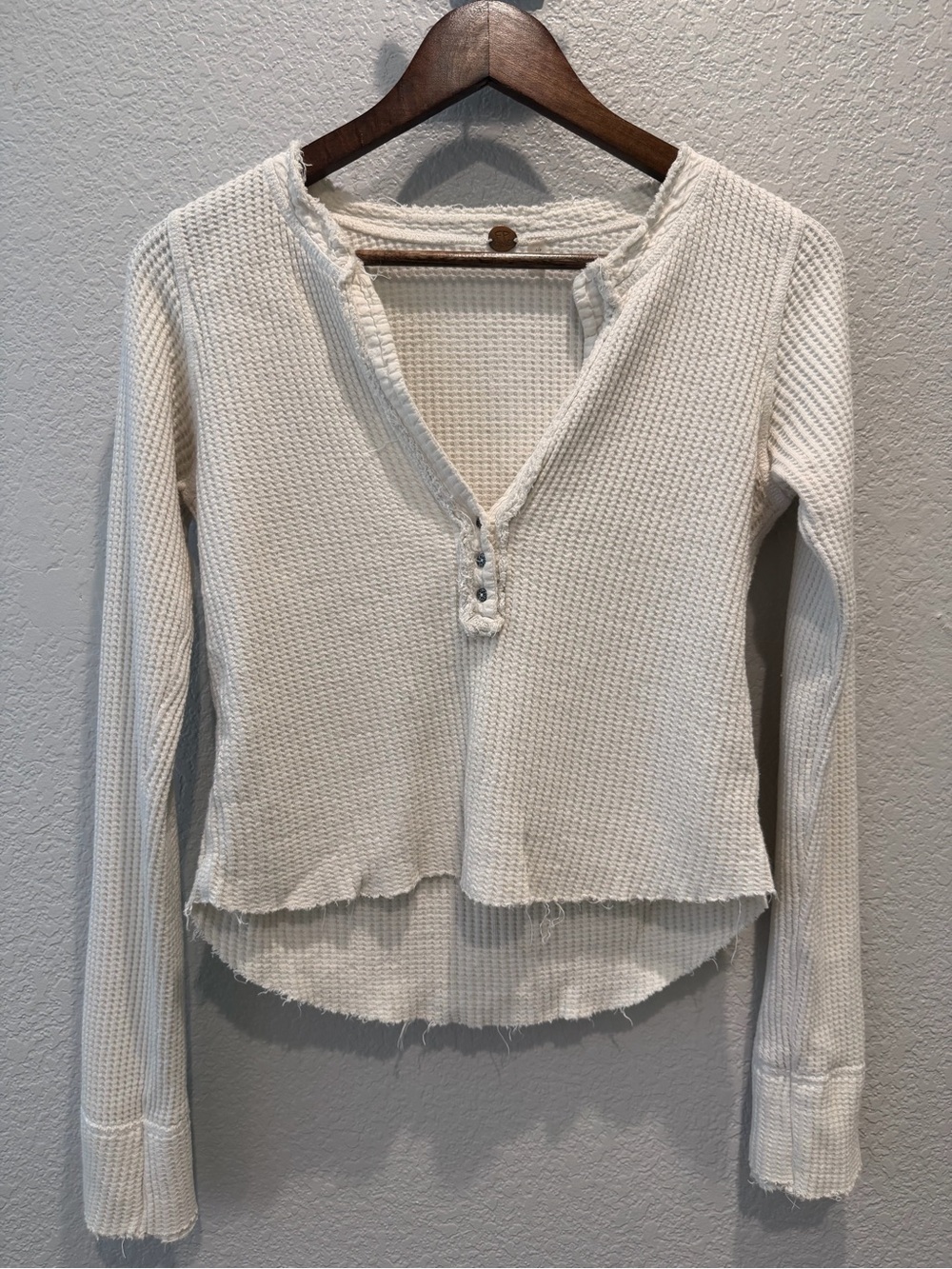 Women's Cream Waffle Knit Henley Long Sleeve Top